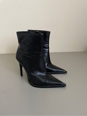 Zara Black Pointed Stiletto Ankle Booties with Stud Trim